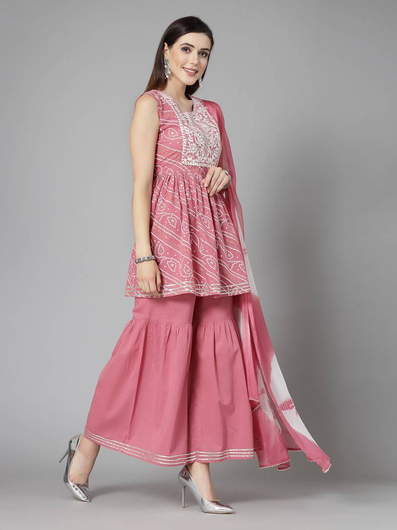 Women's Bandhej Printed & Embroidered Cotton Kurta Sharara Dupatta Set