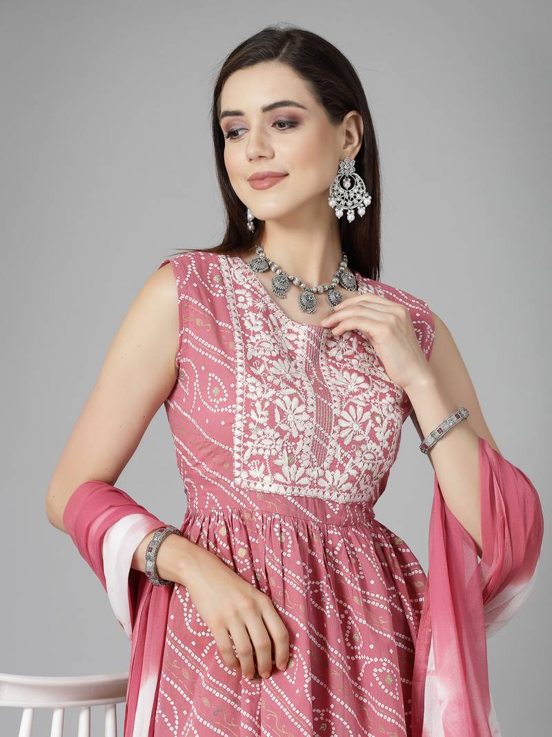 Women's Bandhej Printed & Embroidered Cotton Kurta Sharara Dupatta Set