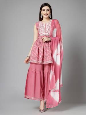 Women's Bandhej Printed & Embroidered Cotton Kurta Sharara Dupatta Set 5