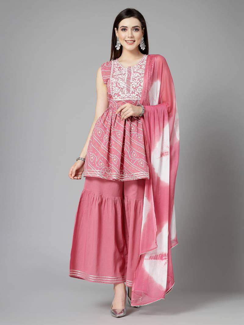 Women's Bandhej Printed & Embroidered Cotton Kurta Sharara Dupatta Set