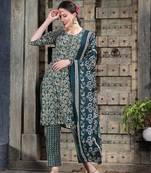 Women's Floral Printed Cotton Blend Straight Kurta Pant Dupatta Set