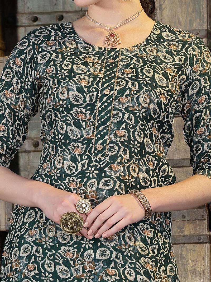 Women's Floral Printed Cotton Blend Straight Kurta Pant Dupatta Set