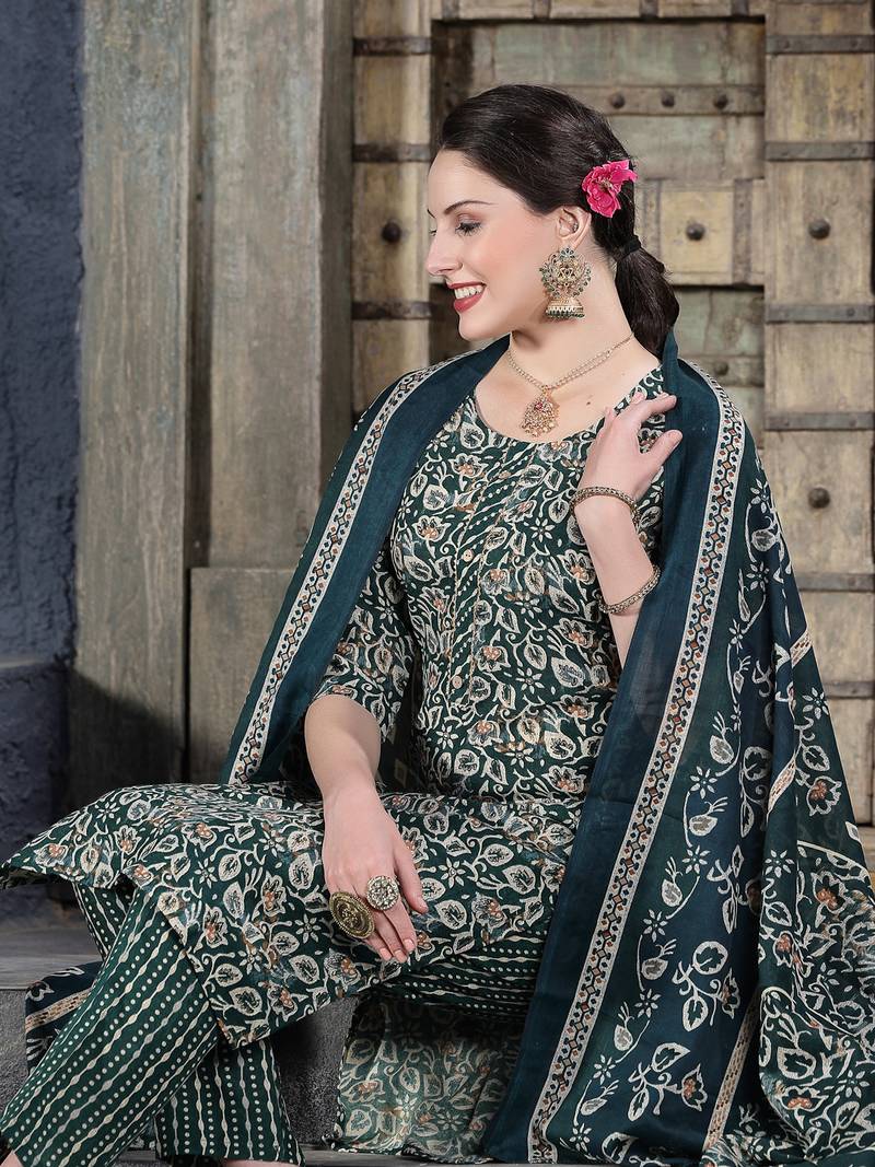 Women's Floral Printed Cotton Blend Straight Kurta Pant Dupatta Set