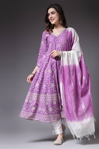 Women's Floral Printed Rayon Anarkali Kurta Pant Dupatta Set