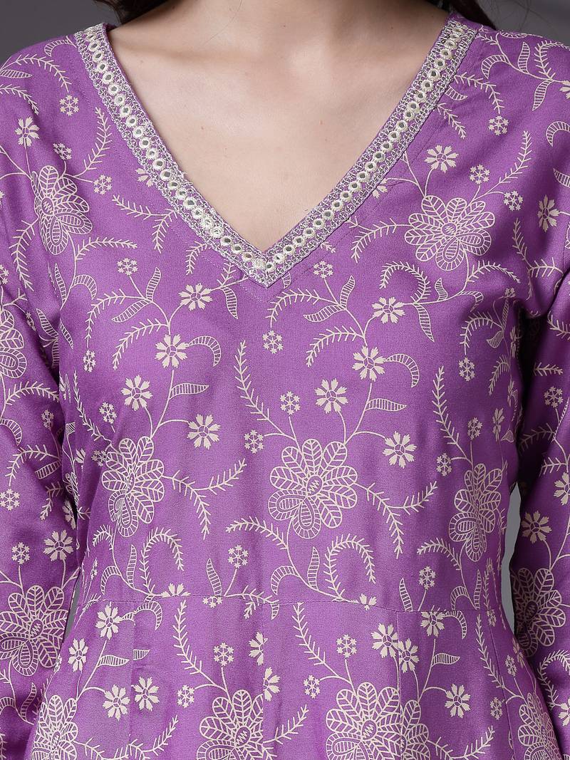 Women's Floral Printed Rayon Anarkali Kurta Pant Dupatta Set