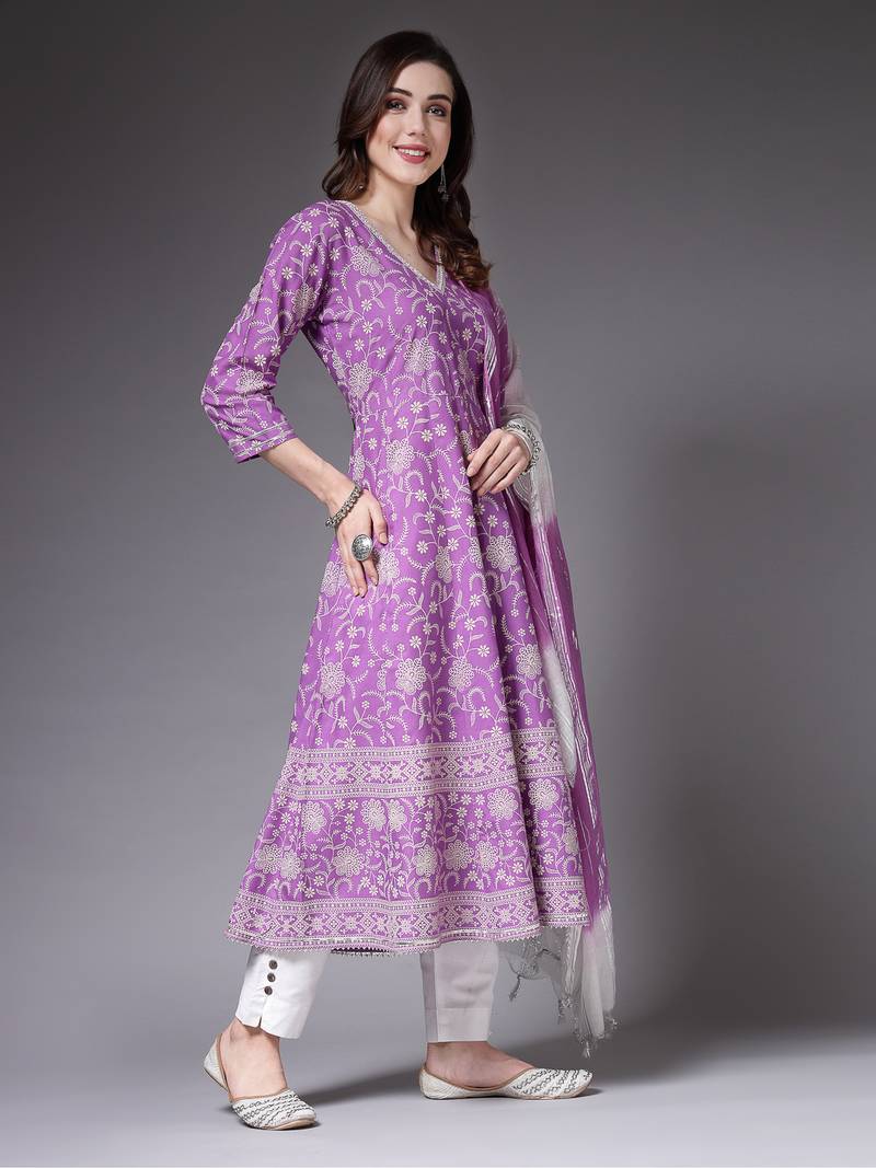 Women's Floral Printed Rayon Anarkali Kurta Pant Dupatta Set