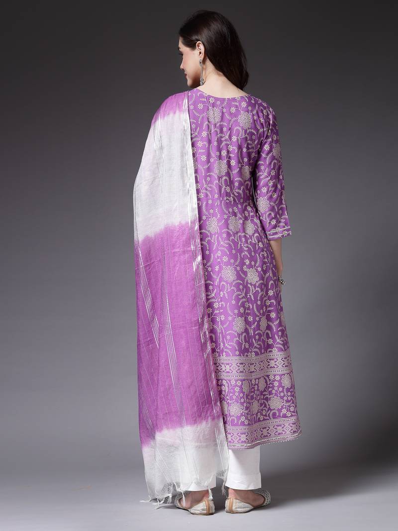 Women's Floral Printed Rayon Anarkali Kurta Pant Dupatta Set