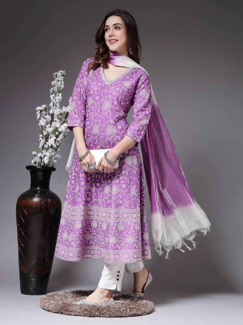Women's Floral Printed Rayon Anarkali Kurta Pant Dupatta Set