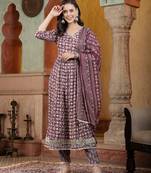 Women's Floral Printed Cotton Blend Angrakha Kurta Pant Dupatta Set