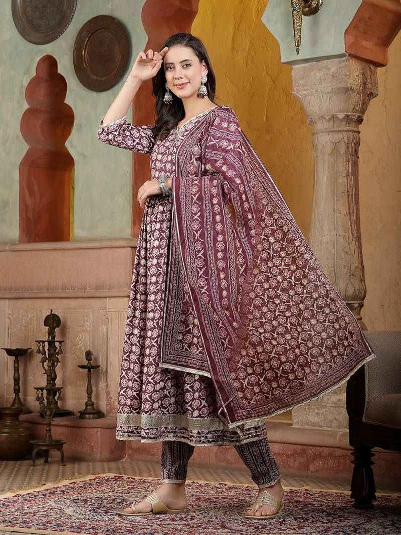 Women's Floral Printed Cotton Blend Angrakha Kurta Pant Dupatta Set
