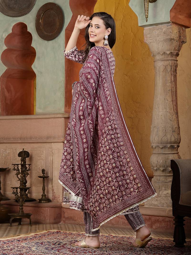 Women's Floral Printed Cotton Blend Angrakha Kurta Pant Dupatta Set