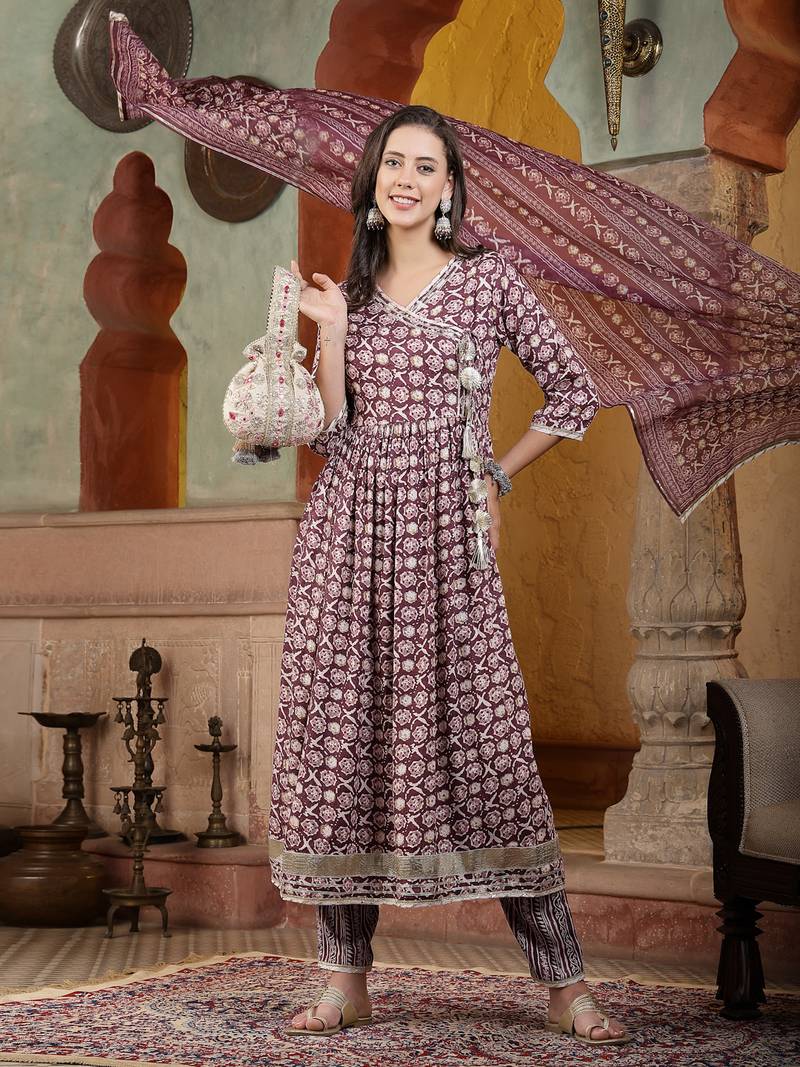 Women's Floral Printed Cotton Blend Angrakha Kurta Pant Dupatta Set
