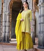 Women's Geomatric Printed & Embroidered Rayon Pleated Kurta Sharara Dupatta Set