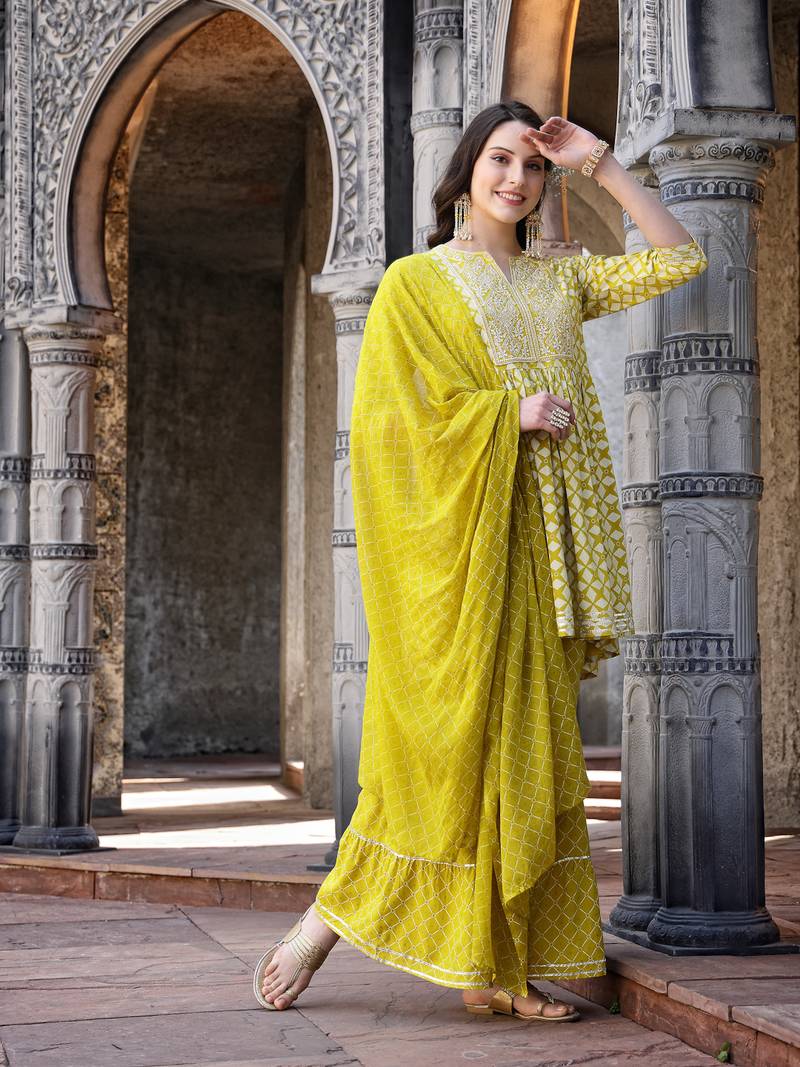 Women's Geomatric Printed & Embroidered Rayon Pleated Kurta Sharara Dupatta Set
