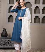 Women's Solid Cotton Blend Straight Kurta Pant Dupatta Set