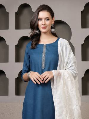 Women's Solid Cotton Blend Straight Kurta Pant Dupatta Set 2