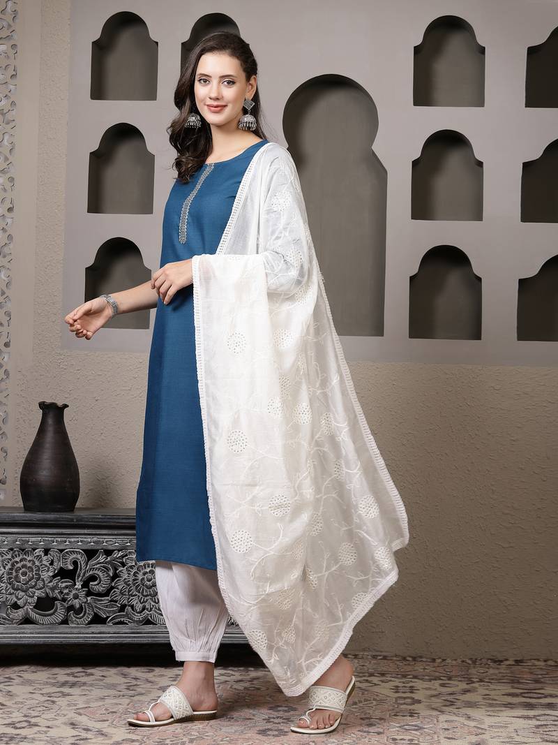 Women's Solid Cotton Blend Straight Kurta Pant Dupatta Set