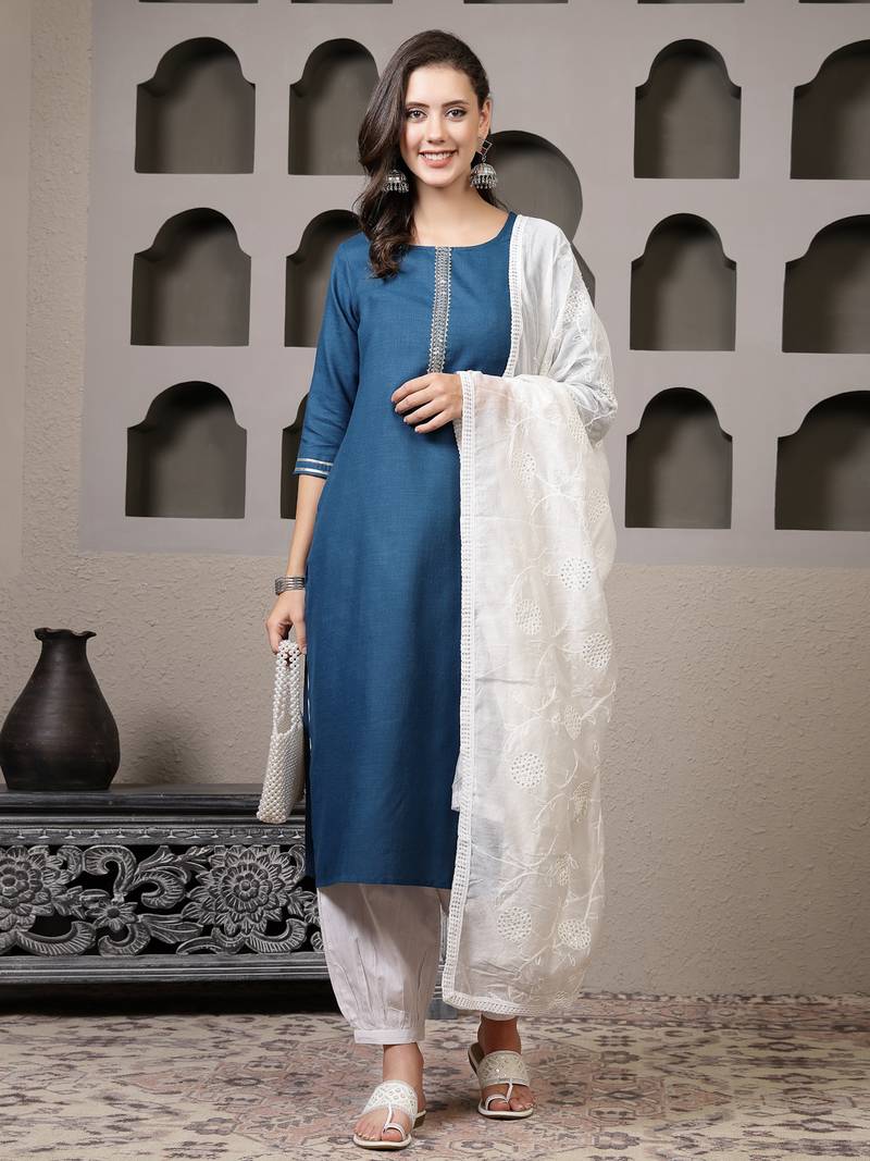 Women's Solid Cotton Blend Straight Kurta Pant Dupatta Set