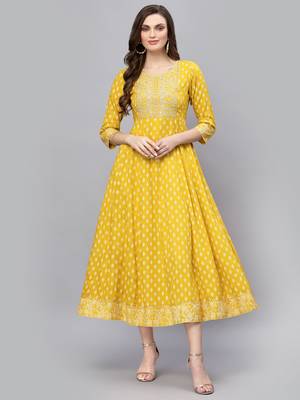 Women Mustard Embroidered Long Kurta 1