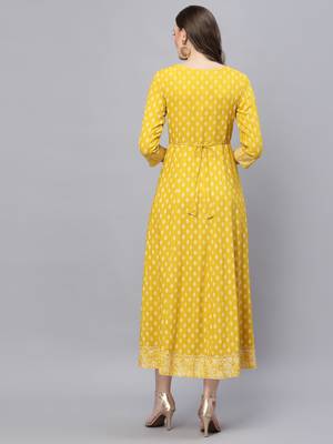 Women Mustard Embroidered Long Kurta 2