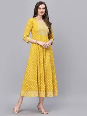 Women Mustard Embroidered Long Kurta 3