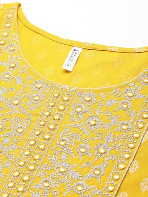 Women Mustard Embroidered Long Kurta 4