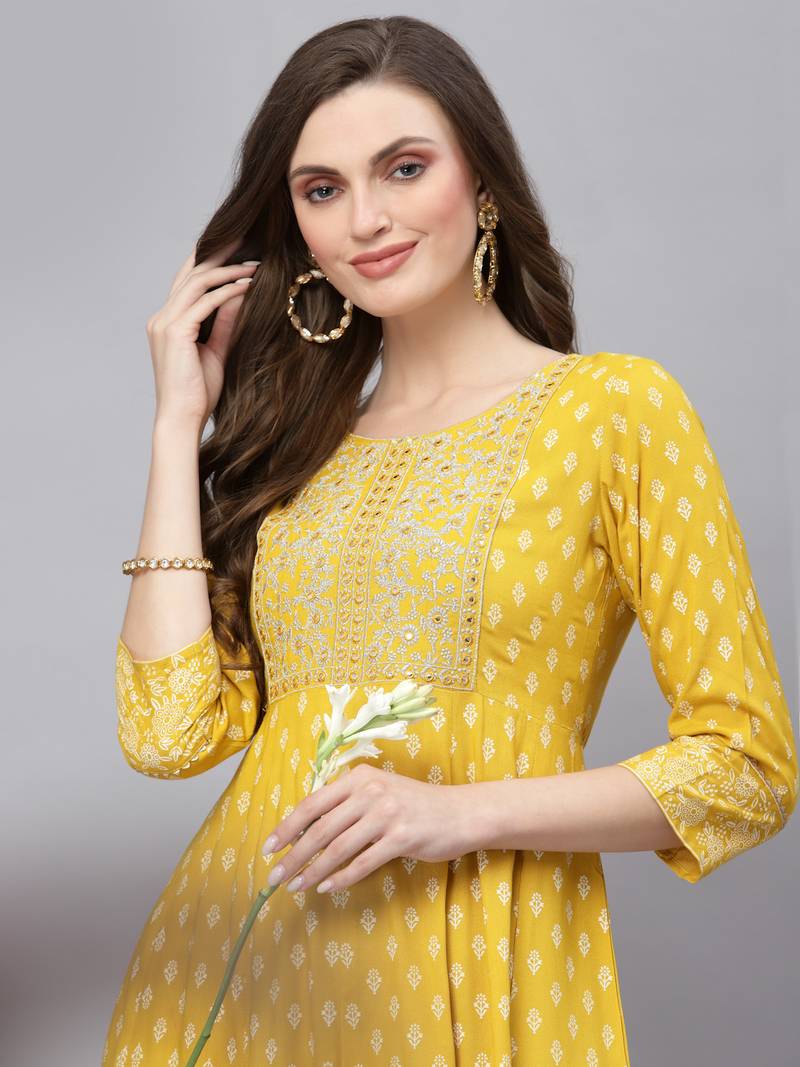 Women Mustard Embroidered Long Kurta