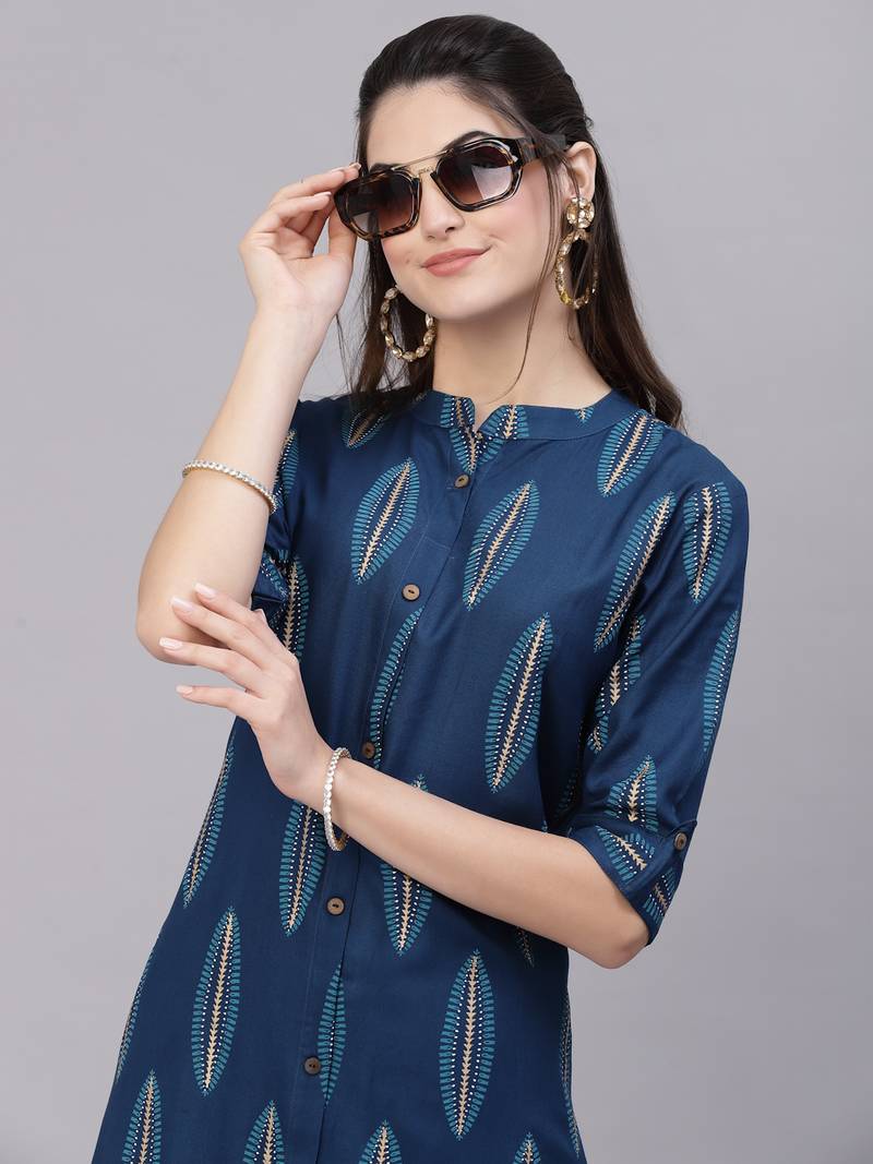 Women's Block Printed Rayon A-Line Kurta