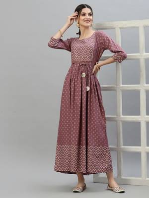 Women's Gold & Khari Printed Rayon Flared Long Ethnic Dress 1