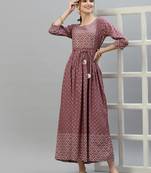 Women's Gold & Khari Printed Rayon Flared Long Ethnic Dress