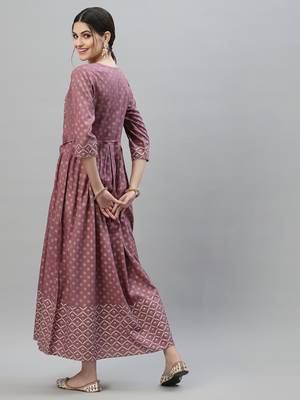 Women's Gold & Khari Printed Rayon Flared Long Ethnic Dress 2
