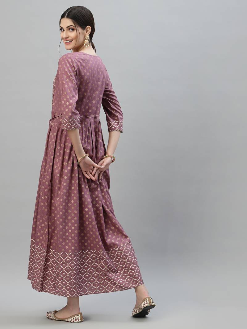 Women's Gold & Khari Printed Rayon Flared Long Ethnic Dress