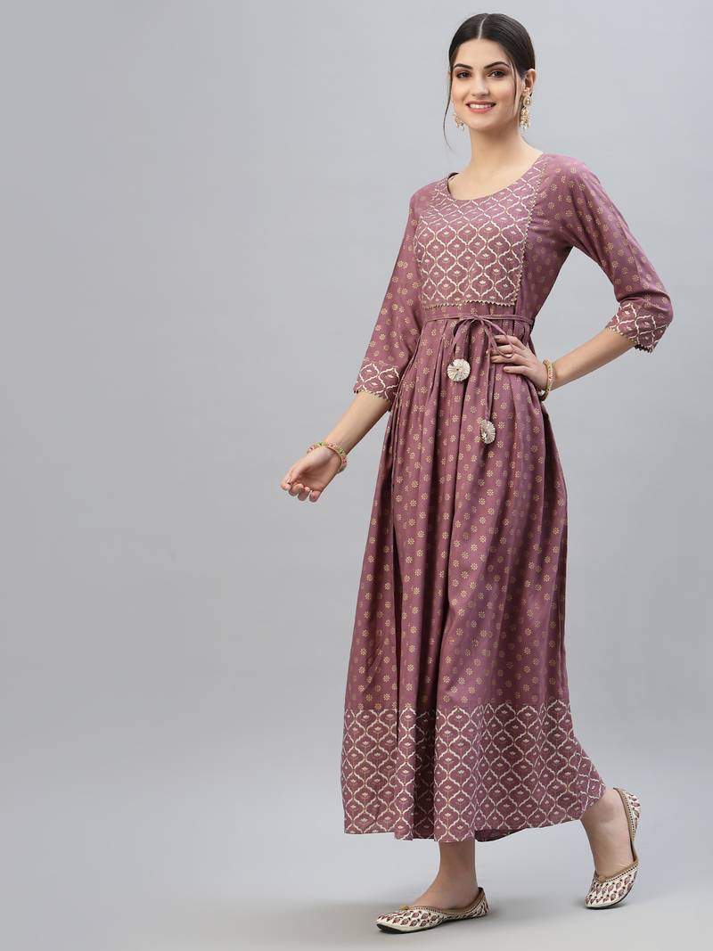 Women's Gold & Khari Printed Rayon Flared Long Ethnic Dress