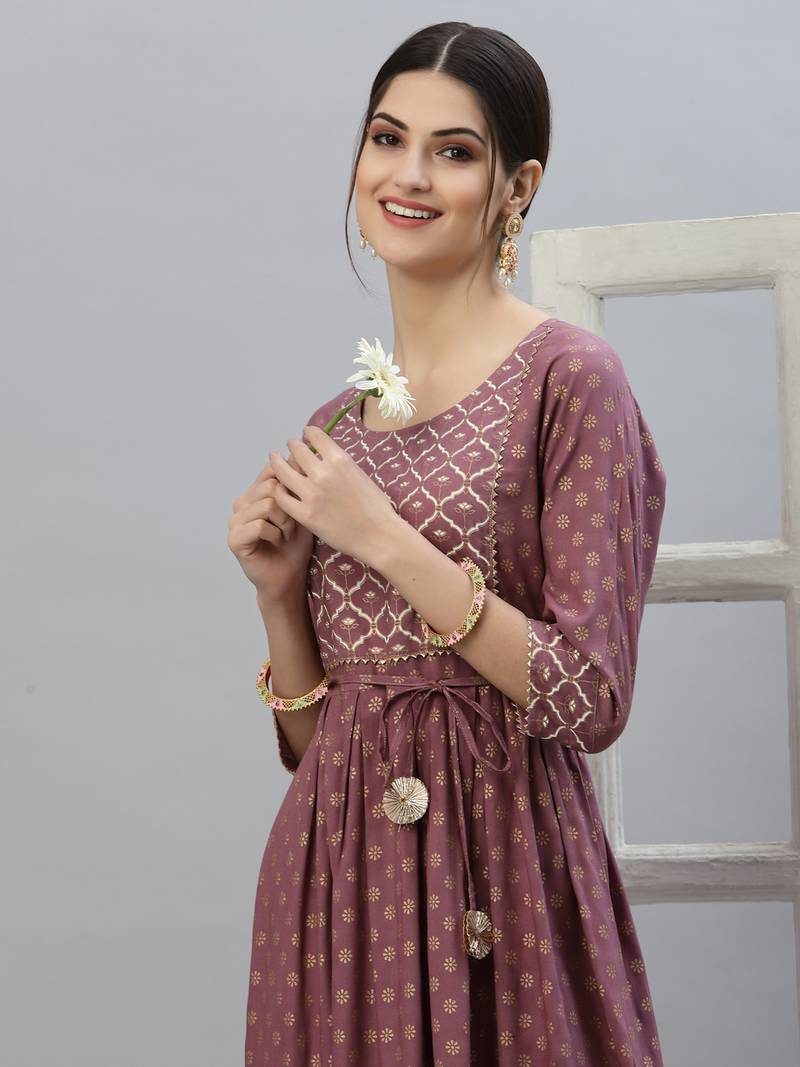 Women's Gold & Khari Printed Rayon Flared Long Ethnic Dress