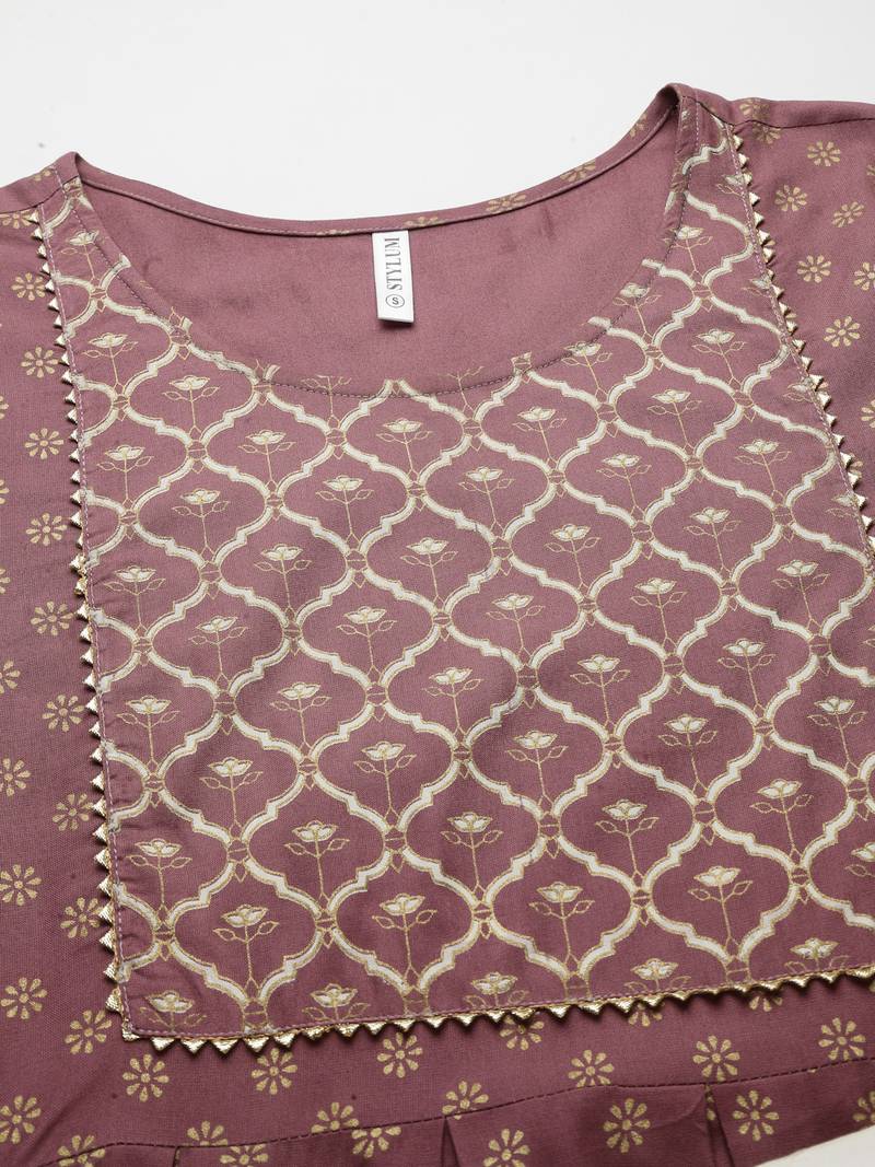 Women's Gold & Khari Printed Rayon Flared Long Ethnic Dress