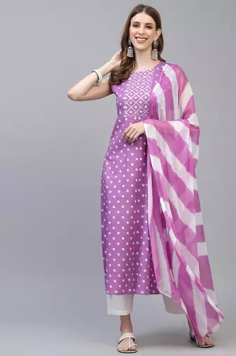 Women's Bandhej Printed A-Line Kurta with Dupatta