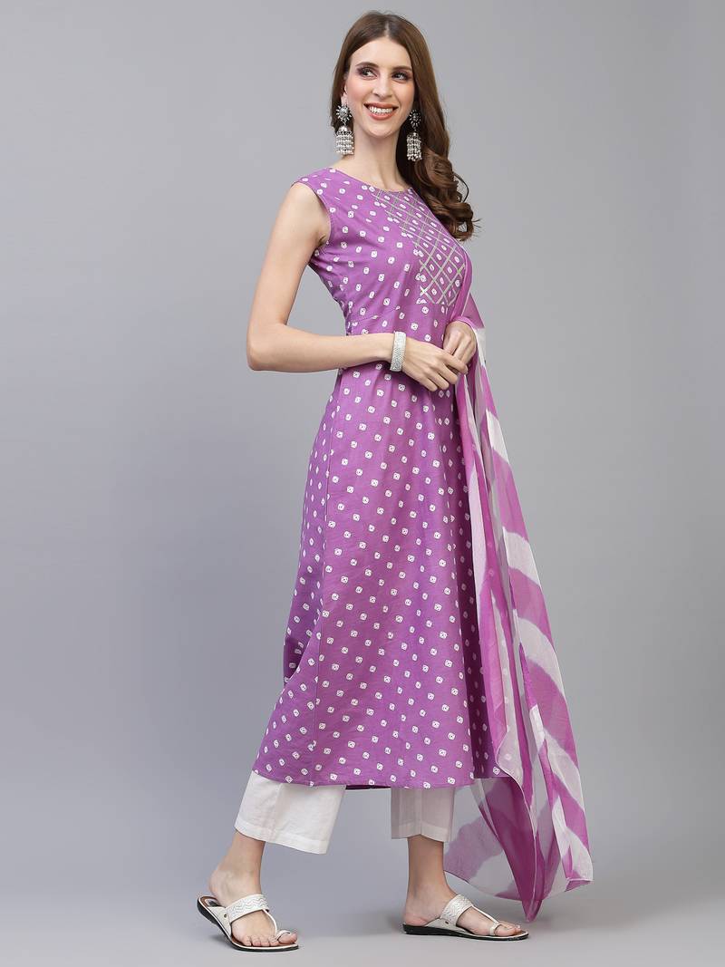 Women's Bandhej Printed A-Line Kurta with Dupatta