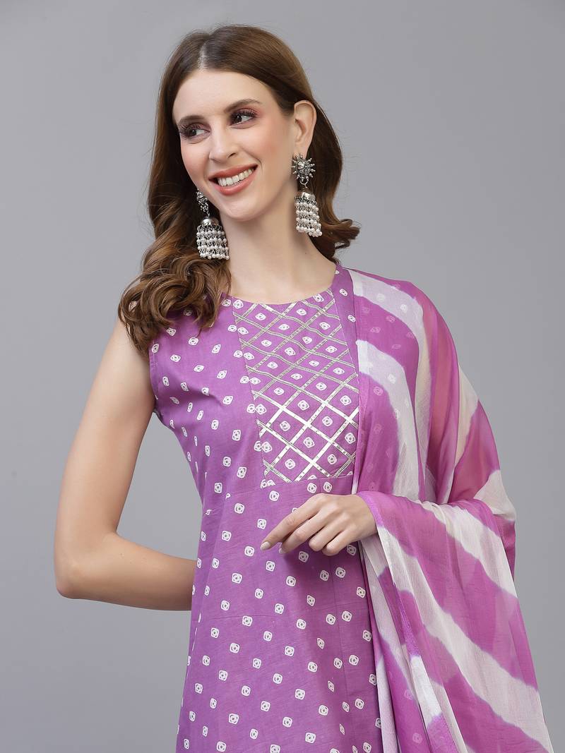 Women's Bandhej Printed A-Line Kurta with Dupatta
