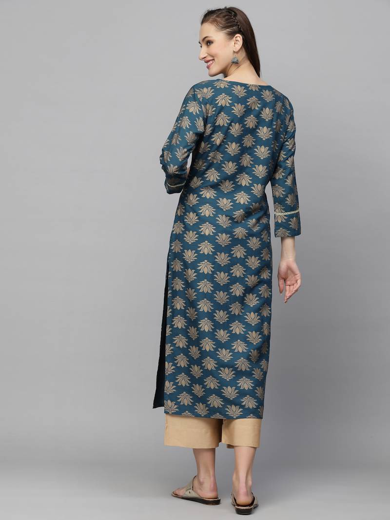 Women's Gold Printed Rayon Straight Kurta