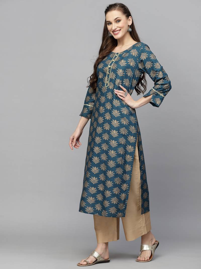 Women's Gold Printed Rayon Straight Kurta