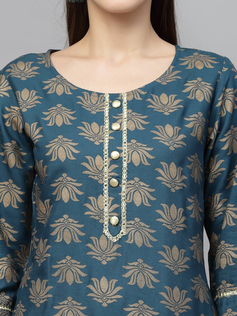 Women's Gold Printed Rayon Straight Kurta
