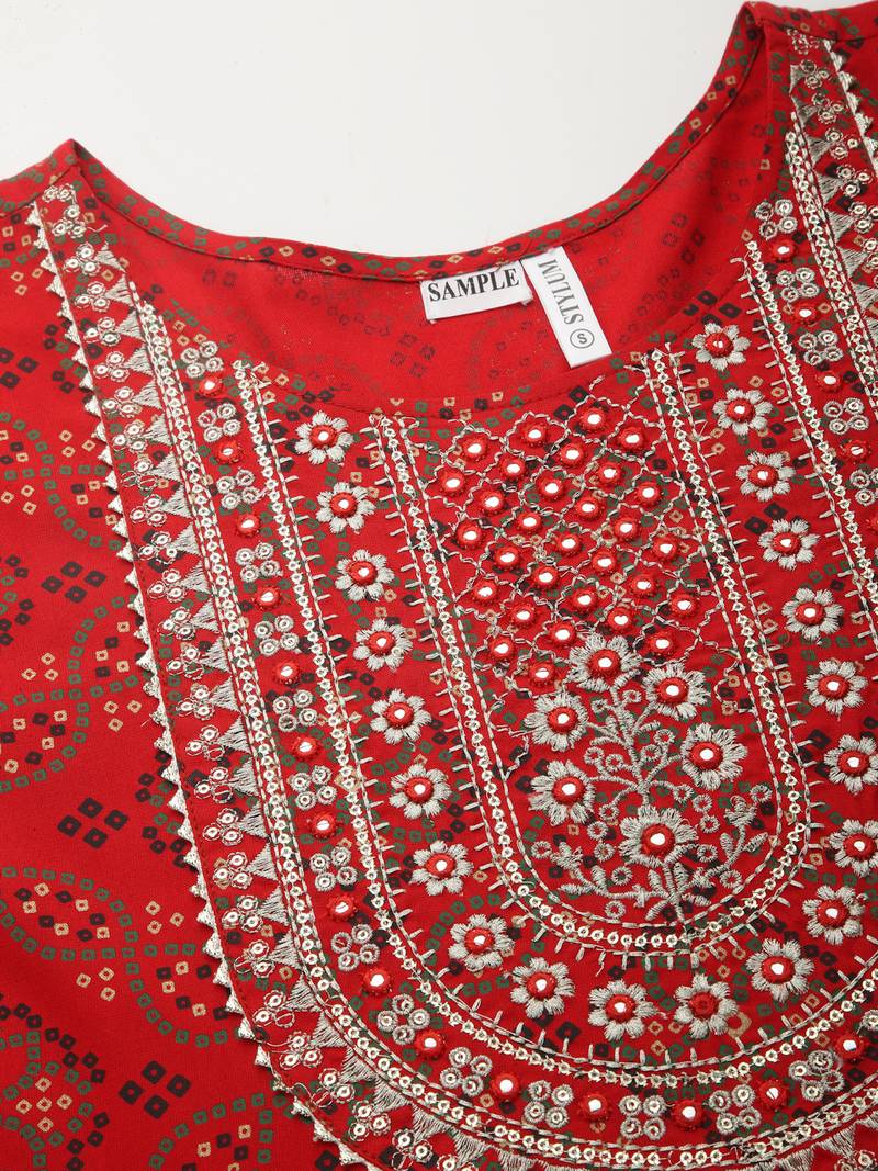 Women's Bandhani Printed & Embroidered Rayon Anarkali Kurta