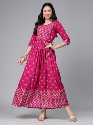 Women's Gold & Khari Printed Rayon Flared Long Ethnic Dress 1