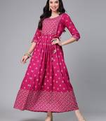 Women's Gold & Khari Printed Rayon Flared Long Ethnic Dress