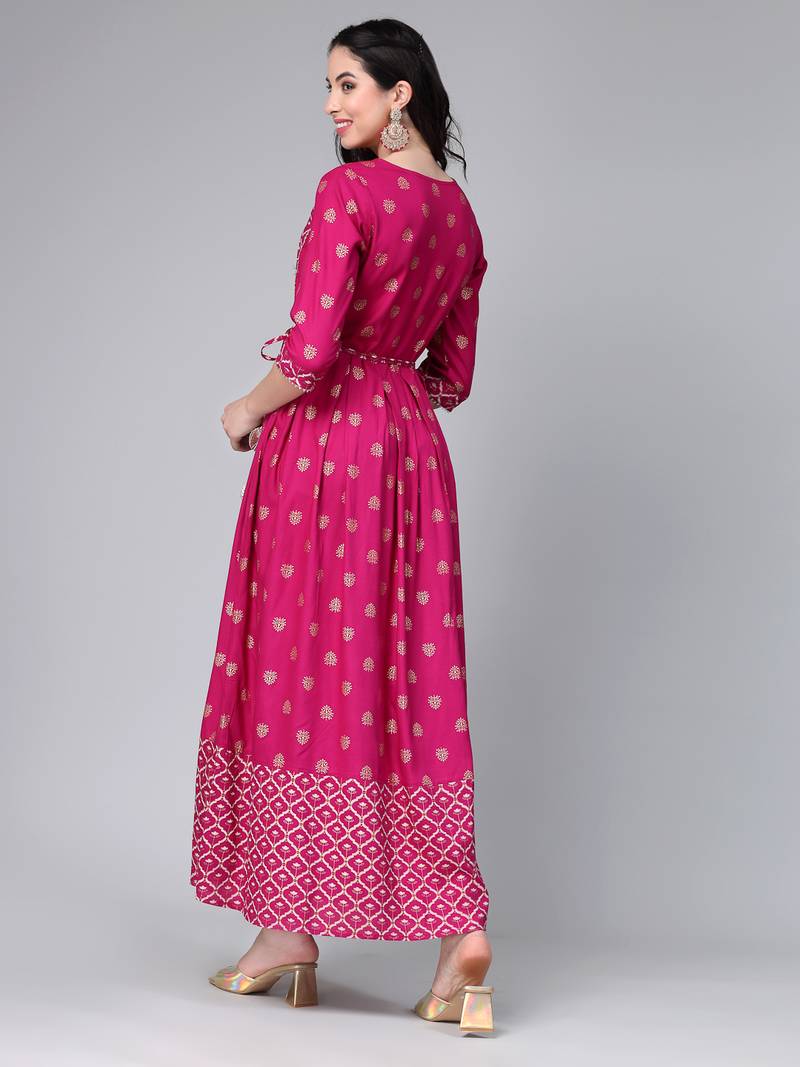 Women's Gold & Khari Printed Rayon Flared Long Ethnic Dress