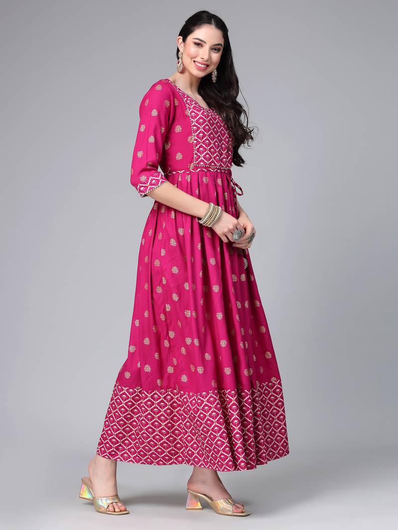 Women's Gold & Khari Printed Rayon Flared Long Ethnic Dress