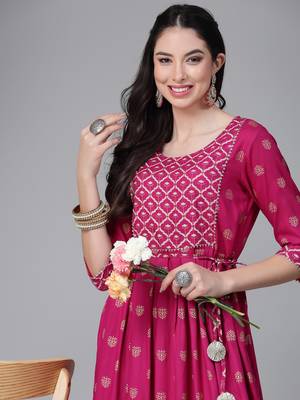 Women's Gold & Khari Printed Rayon Flared Long Ethnic Dress 4