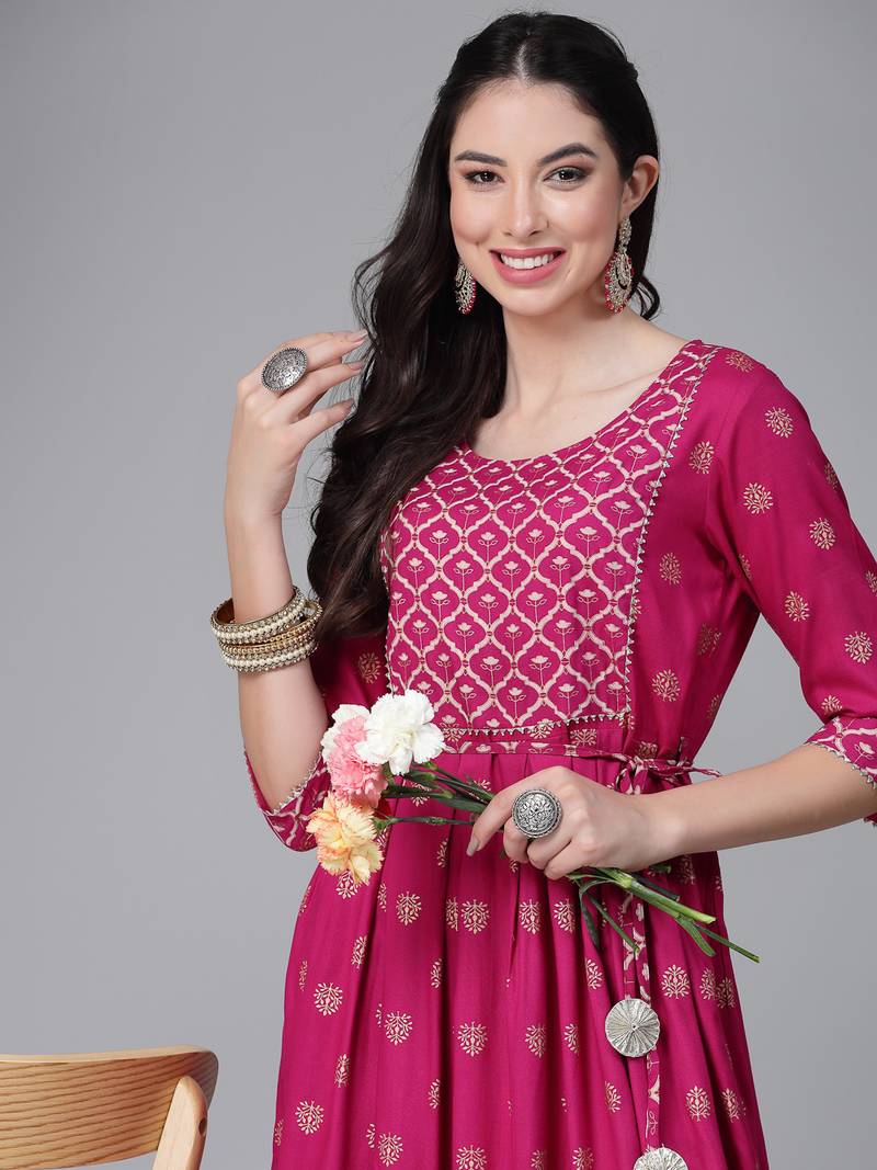 Women's Gold & Khari Printed Rayon Flared Long Ethnic Dress