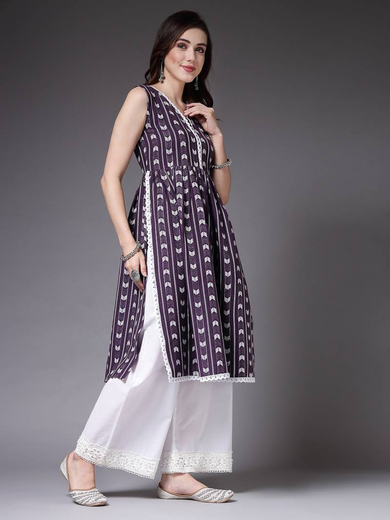 Women's Self Designed Cotton Blend Naira Cut Kurta