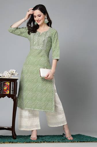 Women's Leheriya Printed & Embroidered Rayon Straight Kurta